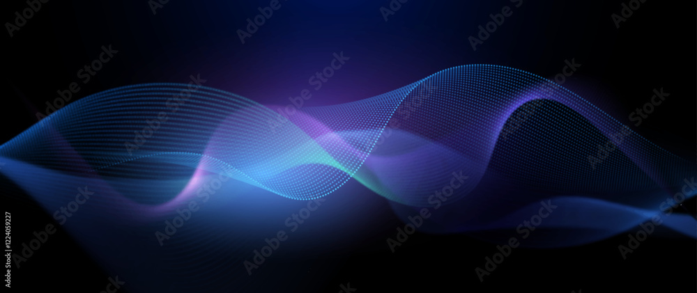 Poster vector abstract flowing wave line, particle dot pattern, neon light on dark blue gradient background