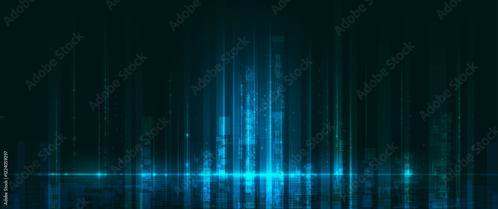 Poster vector illustration architecture, cityscape with cyber space, neon light. modern hi-tech, science, d