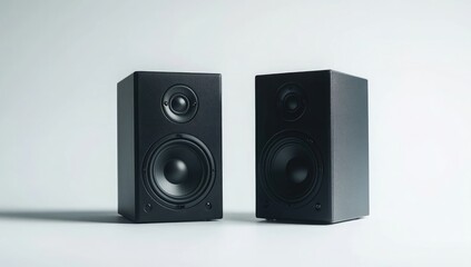Obraz premium Two small black computer speakers in the shape of cubes, isolated on a white background, front view