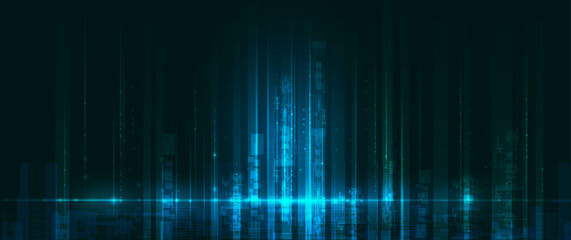 Vector illustration architecture, cityscape with cyber space, neon light. Modern hi-tech, science, data - datum futuristic technology concept. Abstract digital city, innovation design for background