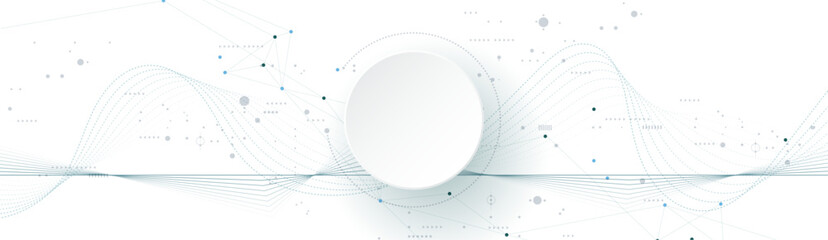 Vector illustration abstract modern technology design. White circle, geometric shape, wave wireframe line pattern and circuit board on white - grey background. Technology concept for banner, template