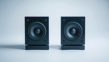 Two small black speakers in the shape of cubes with visible speaker components facing each other on a white background