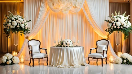 Romantic wedding sweetheart table setting with ivory linens, floral arrangements, and elegant chairs against a draped backdrop.