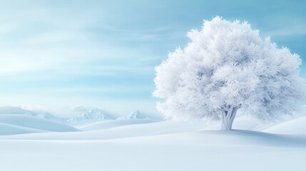 Snowy landscape solitary frost-covered tree on a winter plain, mountains in background. Ideal for winter, nature, serenity themes