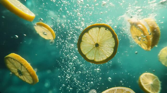 Rodajas de lim&oacute;n cayendo al agua con burbujas de limonada, c&aacute;mara cinematogr&aacute;fica lenta