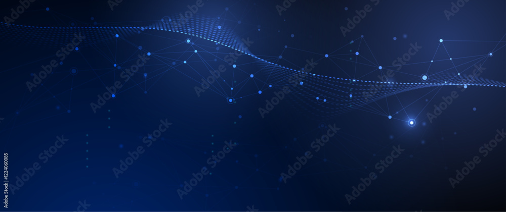 Poster Vector illustration abstract technology with molecule, Flowing dot particle wave flow line, wireframe and dot on blue background. Datum technology network, science, artificial intelligence concept