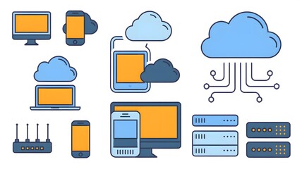 Cloud computing icons in pixel art style on a white background
