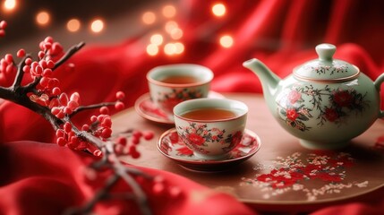 Fototapeta premium Chinese Tea Ceremony with Decorative Red Background