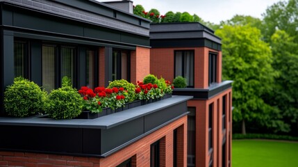Fototapeta premium Modern brick building with a floral balcony and lush green surroundings.