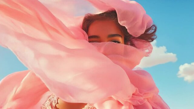 Viento que sopla sobre la bufanda rosa, que cubre el rostro de una modelo, movimiento cinematogr&aacute;fico, c&aacute;mara lenta