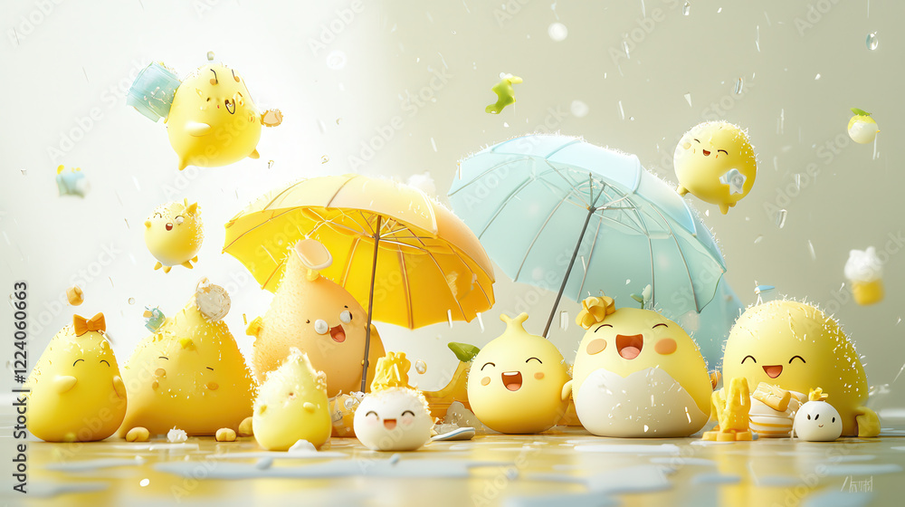 Poster joyful weather themed characters with umbrellas and playful expressions