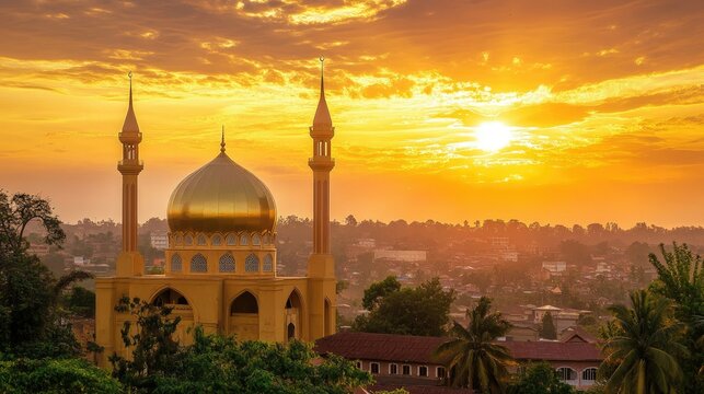 A stunning sunset over Kibuli Mosque in Kampala, with golden light highlighting its iconic dome.