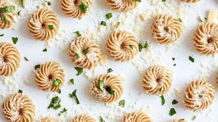 A top-down view of whole wheat pasta spirals, sprinkled with parmesan and basil, presented on a clean white surface.