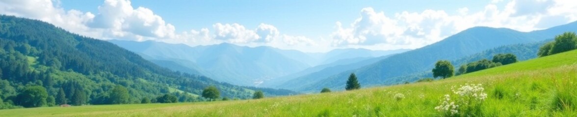Fototapeta premium Soft white clouds drift lazily over serene spring mountains, serene, spring