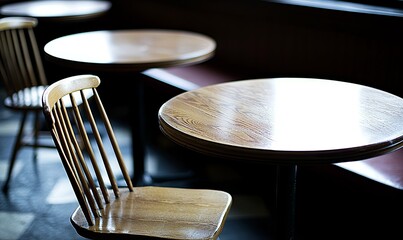 Empty wooden tables and chairs in a dimly lit cafe by window, quiet morning
