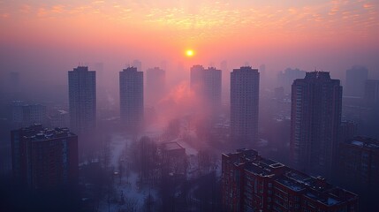 Fototapeta premium Smoky sunrise over city, aerial view