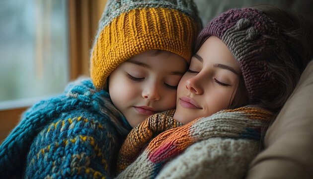 Cozy siblings napping winter cabin window