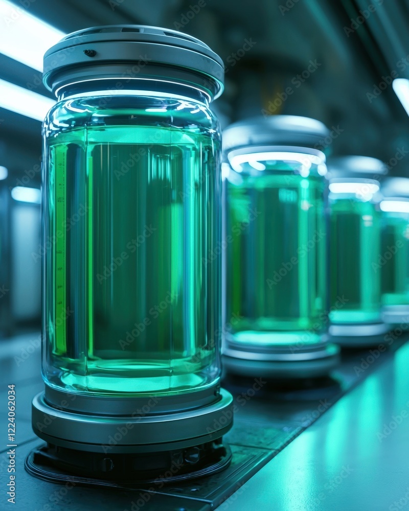 Aufkleber glass containers filled with vibrant green liquid in a high-tech laboratory setting showcasing scien