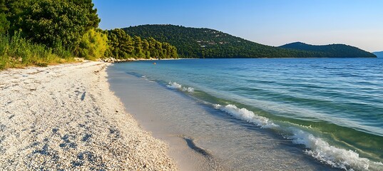 Obraz premium A Peaceful Seashore Scene with Gentle Waves Lapping Against the Shore Under a Clear Blue Sky