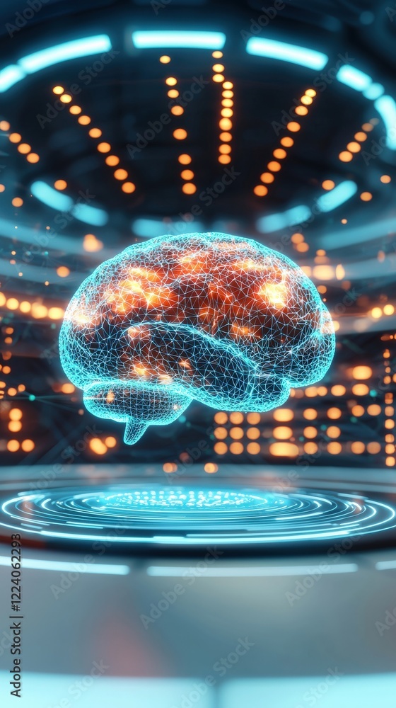 Poster futuristic digital brain with glowing neural connections in a sci-fi environment captured in stunnin
