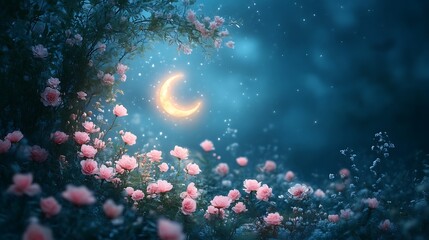 Fototapeta premium Night Garden Scene With Crescent Moon and Pink Roses