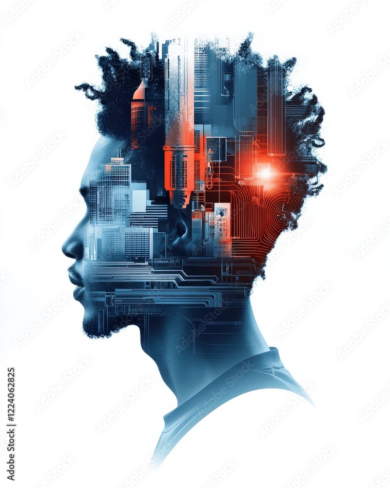 Poster futuristic profile of a man with cityscape and circuit board integration in head space