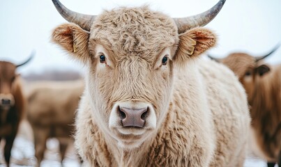 Fluffy tan bull with long horns stares intensely, herd in snowy pasture background