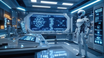 Obraz premium AI Laboratory, Robotics Research, Biotechnology, Holographic Science, Futuristic Innovation