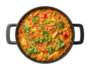 Pan with chicken biryani isolated on transparent background, top view