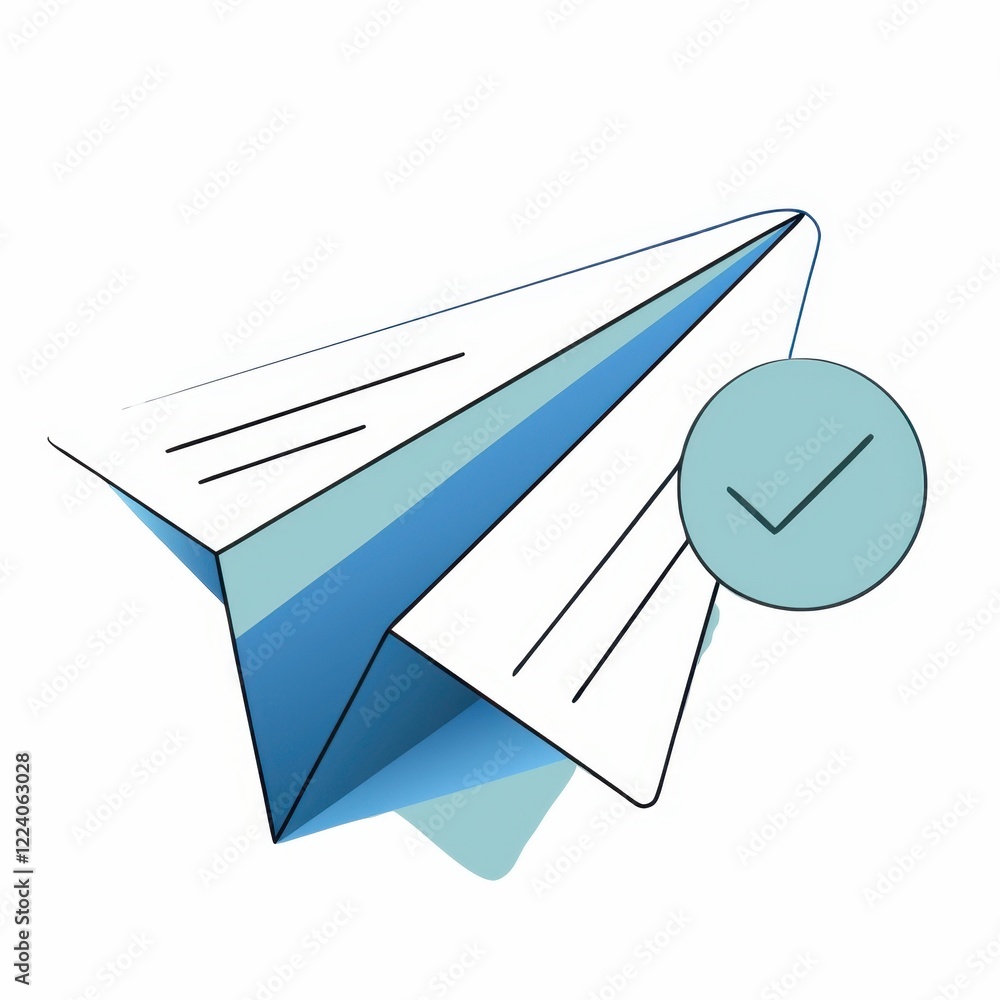Poster a stylized paper airplane with a check mark, symbolizing successful sending or completion of a task.
