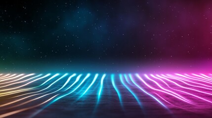 Neon lines futuristic stage background, glowing vibrant colors, cosmic backdrop, ideal for music event promotion