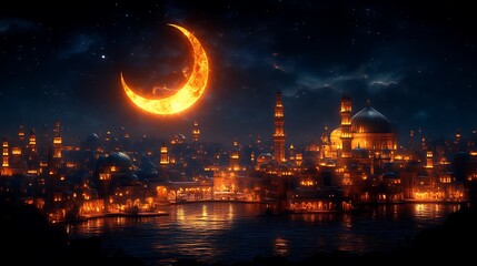 Illuminated Cityscape Underneath a Fiery Crescent Moon