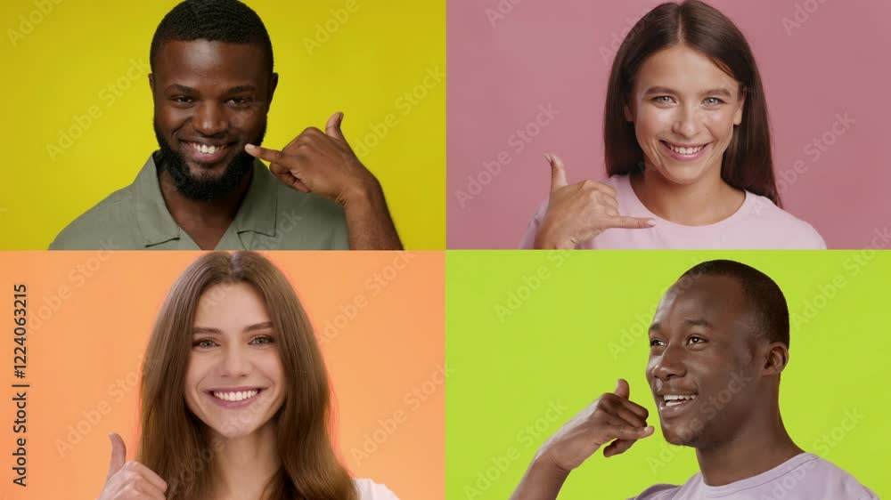 Poster four individuals showcase a range of happy emotions through gestures. each person represents diverse