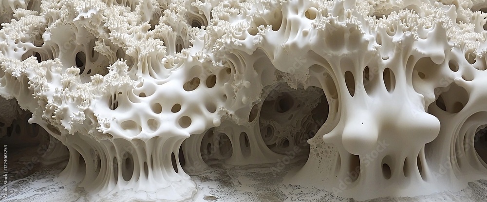 Poster abstract white porous rock formation with intricate textures and cavernous structures.