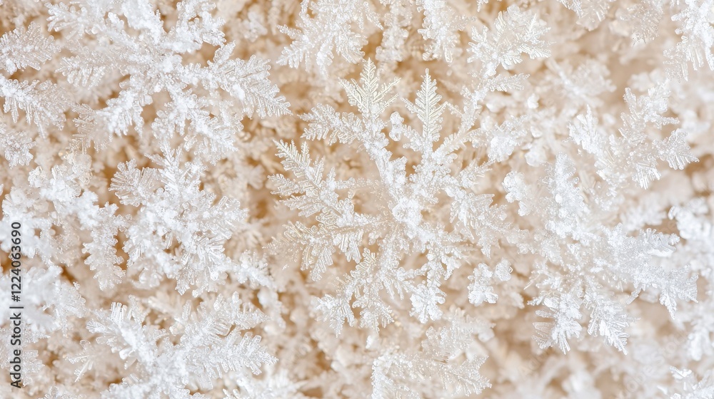 Poster detailed close-up of frosty ice crystal patterns forming on a white surface with intricate designs a