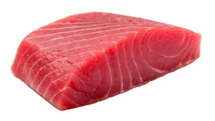 Fresh Tuna Steak: A close-up view of a beautifully marbled raw tuna steak, revealing its rich red color and delicate striations.