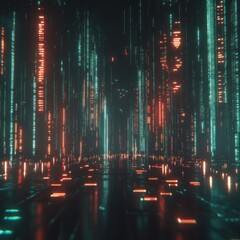Digital Matrix: A Cyberpunk Cityscape of Glowing Lines and Codes