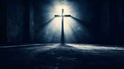 Naklejka premium Cross in Dimly Lit Gothic Setting Emanating Spiritual Mystery and Awe : Generative AI
