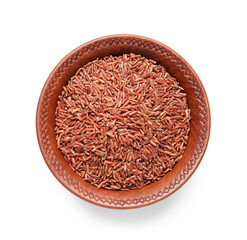 Bowl with brown rice on white background