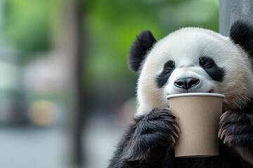 Fototapeta premium Panda Enjoys a Warm Cup of Milk Tea in a Lush Green Environment