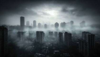 Polluted Air City Skyline in Dense Fog Under Gloomy Sky