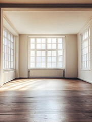 Wide Open Sunlit Room with Large Elegant Windows and Polished Wooden Floors : Generative AI