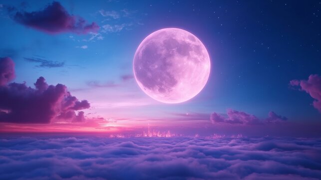 Pink full moon rising over a sea of clouds at sunset, dreamy night sky, celestial background ideal for fantasy or romance themes