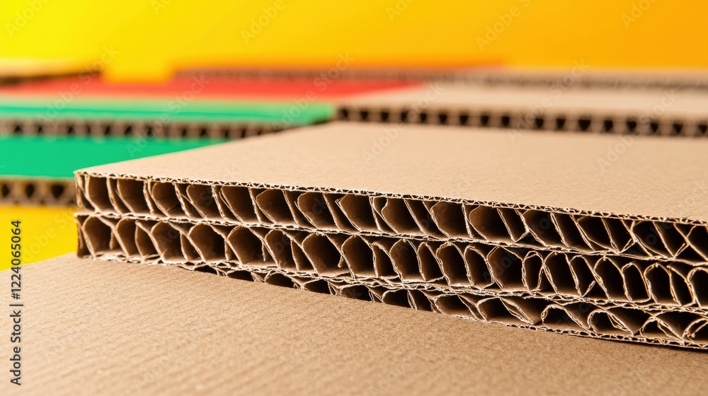 Poster close-up of stacked cardboard sheets with vibrant background colors in a modern workspace environmen