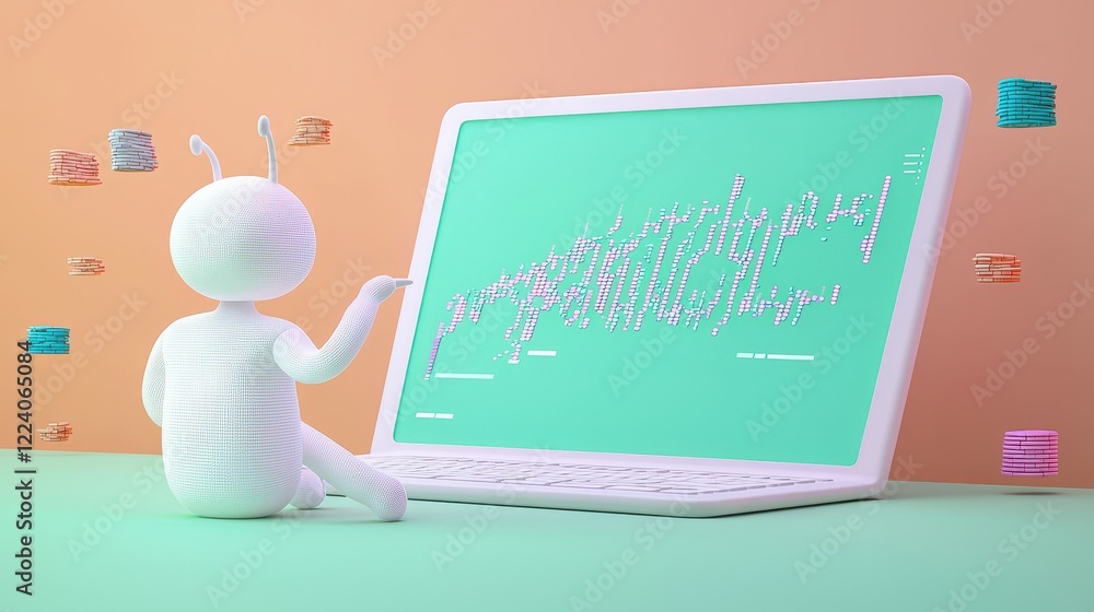 Poster digital character analyzing data on modern laptop