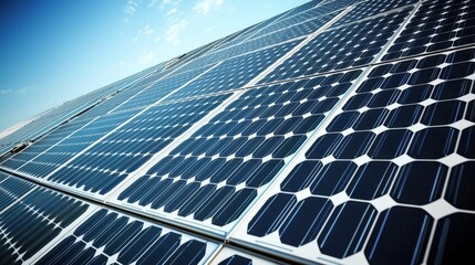 Solar Panels Array Under Bright Blue Sky for Renewable Energy and Sustainable Future Development