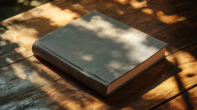 Hardcover book on rustic wooden table in sunlight. - Powered by Adobe