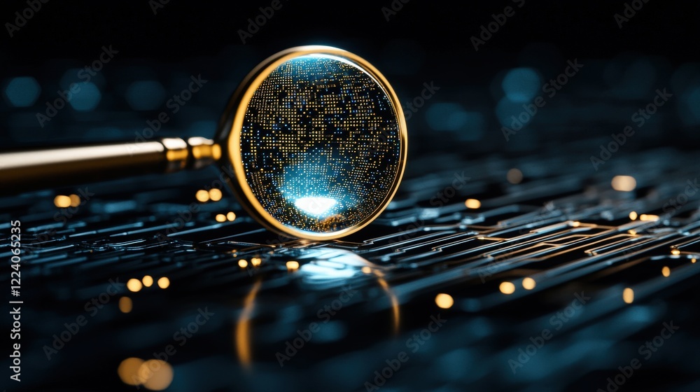 Aufkleber magnifying glass reflecting digital data on futuristic circuit background with glowing elements