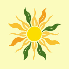 Naklejka premium QD Sketch: Animated Stylized Sun with Botanical Rays in Yellow and Green