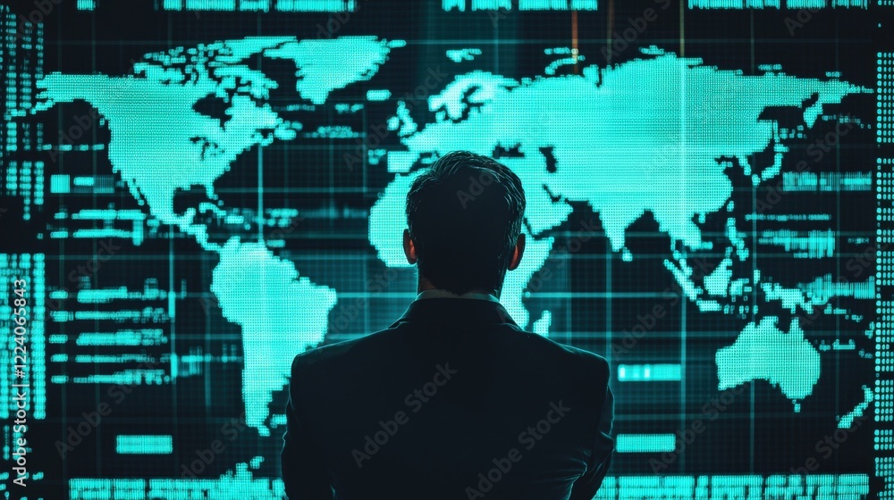 Poster businessman analyzing global data on digital screen with bright world map and financial charts in ba